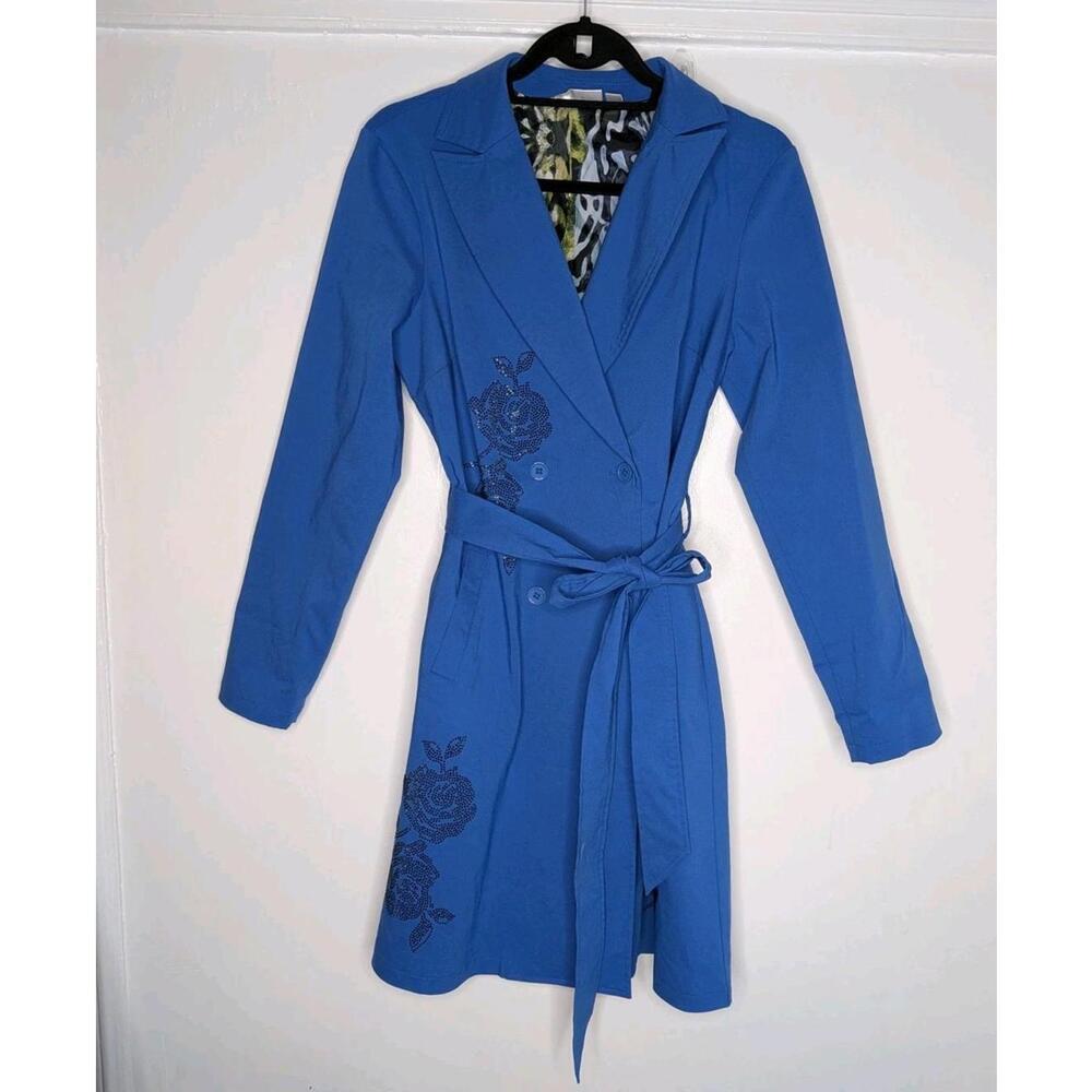 VIVICA A. FOX Collection Blue Trench Coat Dress Floral Beaded Belted HSN m
